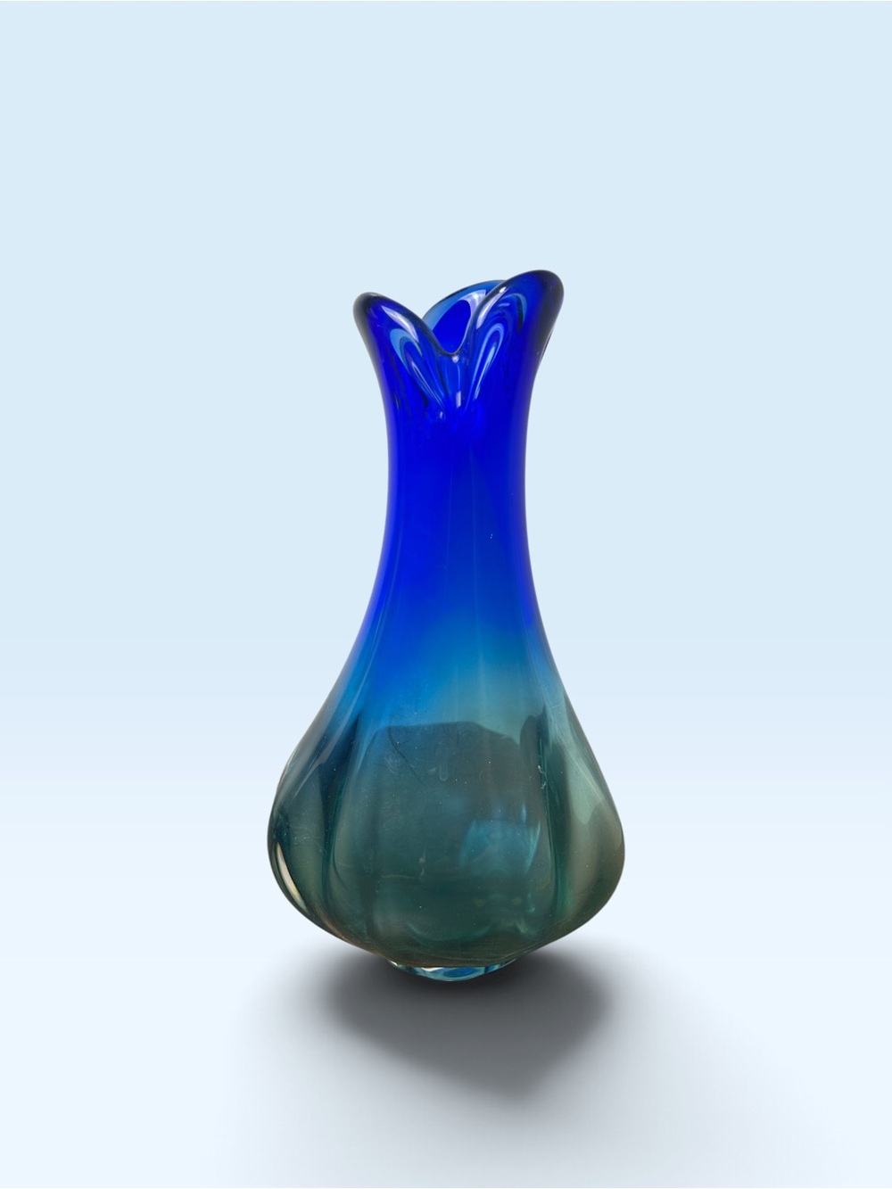 Cobalt Blue & Teal Art Glass Vase Ruffled Rim